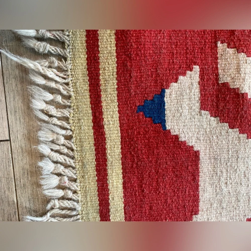 Turkish Kilim Wool Rug Flat woven 2X3 Ft Geometric Motif Red Cream Fringe VTG